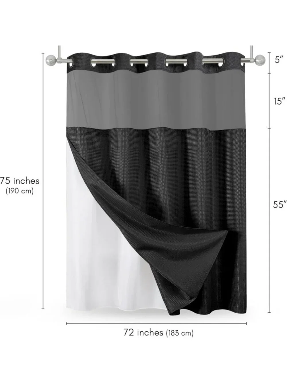 Water-Resistant 72x75 Waffle Shower Curtain with Sheer Panel & Durable Grommets